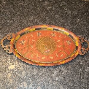 Hand Engraved Enameled Vintage Copper Tray